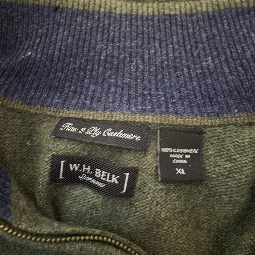 W.H. Belk Men’s Dark Green Super Soft 100% Cashmere Quarter Zip Pullover Size XL - Picture 8 of 8